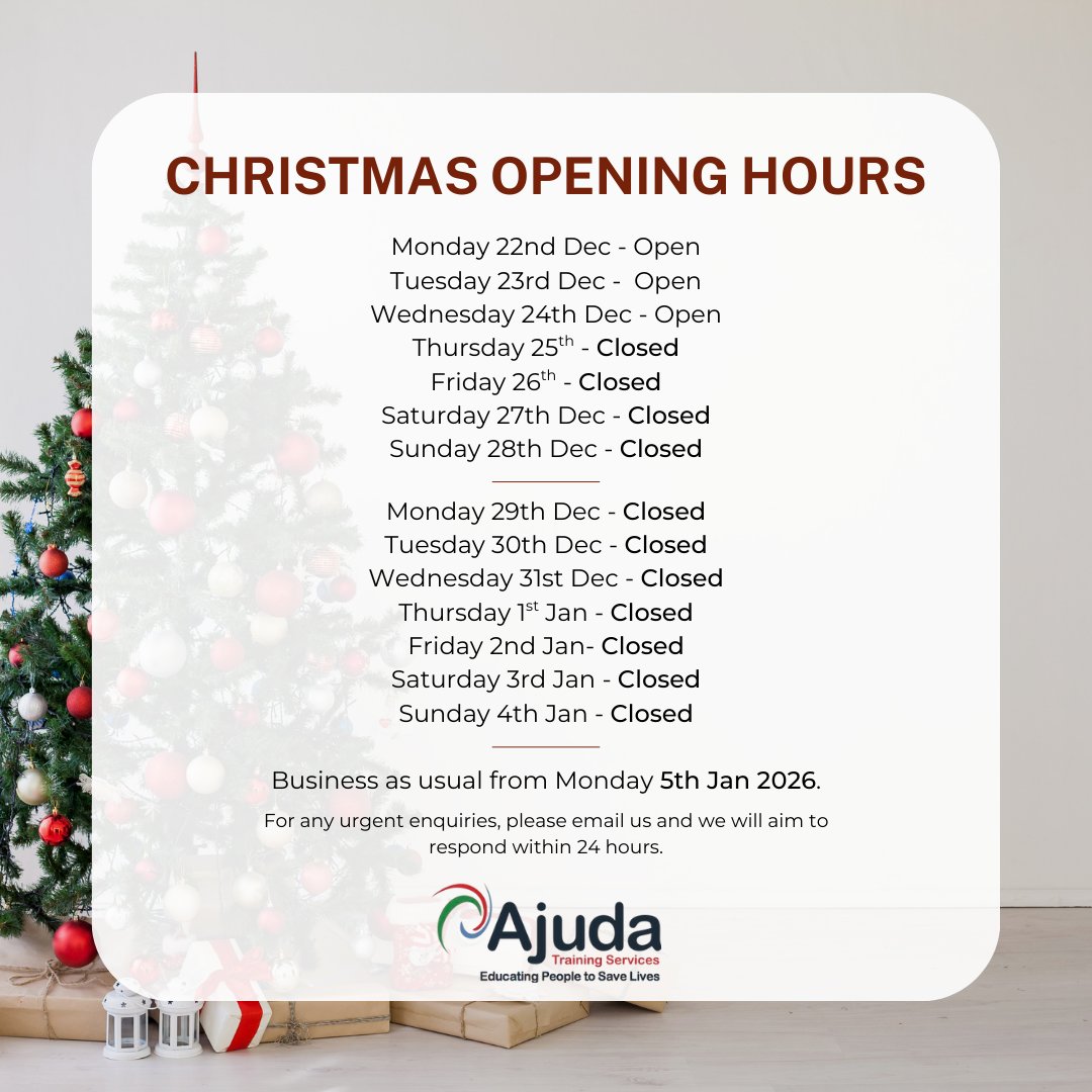 The Ajuda office is closed for the festive period

Have a great Christmas &amp; we will see you in 2026

With love from all the team at Ajuda Training