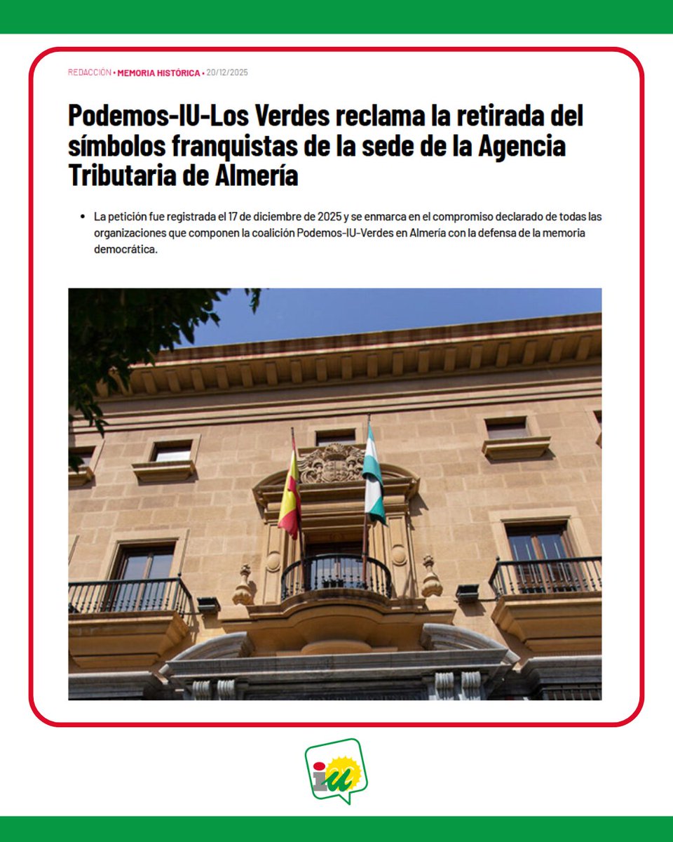 iualmeria's tweet image. 🔻Exigimos al Gobierno la retirada del escudo franquista presente en la Delegación de la Agencia Tributaria de Almería.

Registramos una petición al Ministerio y una pregunta en el Congreso. La Ley de Memoria Democrática debe cumplirse.

🦅🔥El fascismo, fuera de nuestras calles.