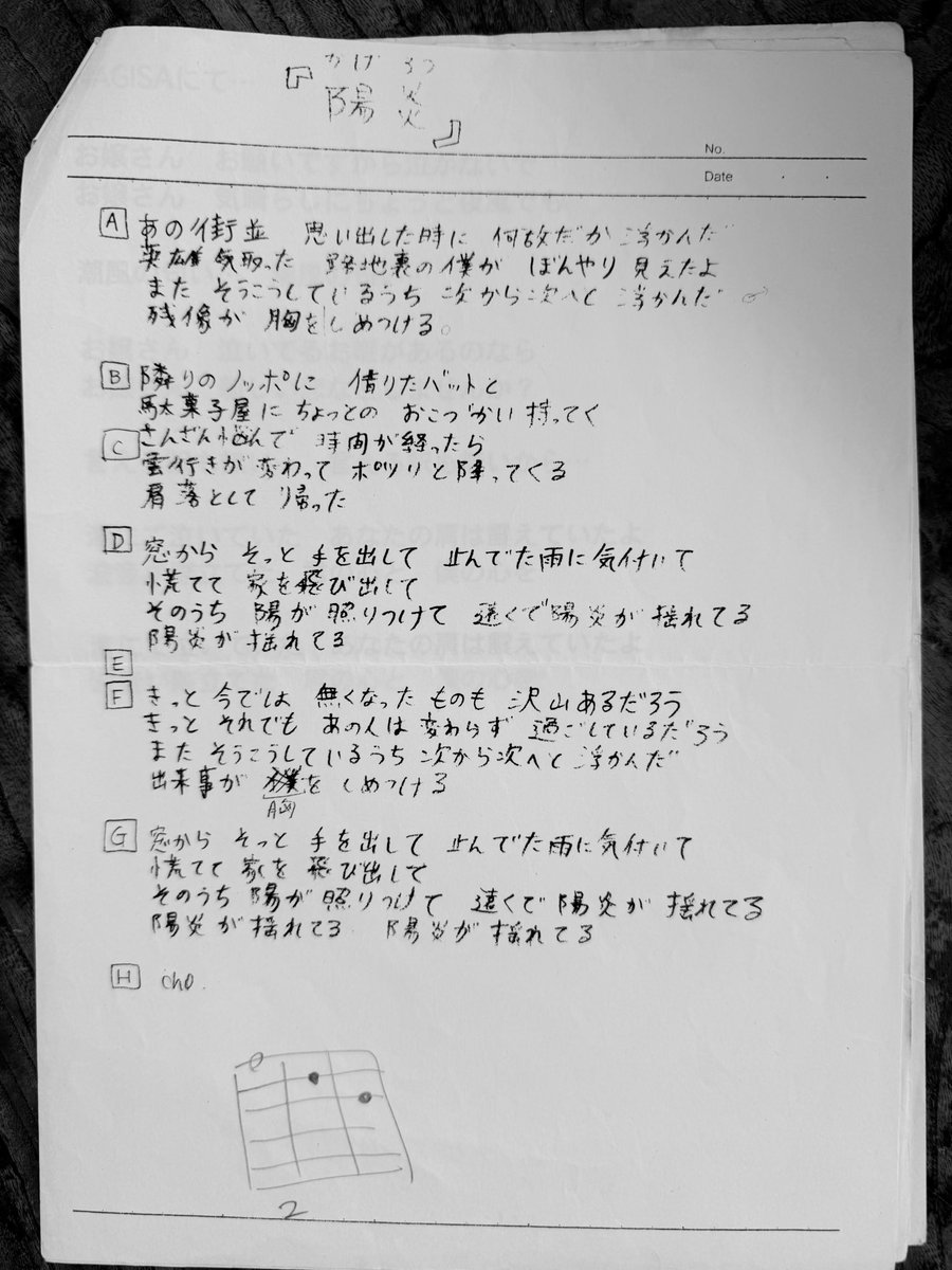 メリークリスマス🎄

ハンバーガーを食べて、コーラを飲みながら、君のことを思い出す。21年前、一緒にレコーディングした時の紙を見つけたよ。

僕はいま連日のリハーサルのため、ホテルに泊まってGREAT3の新曲に歌詞を書いてる。こんな素晴らしい言葉が書けるかわからないけれど。