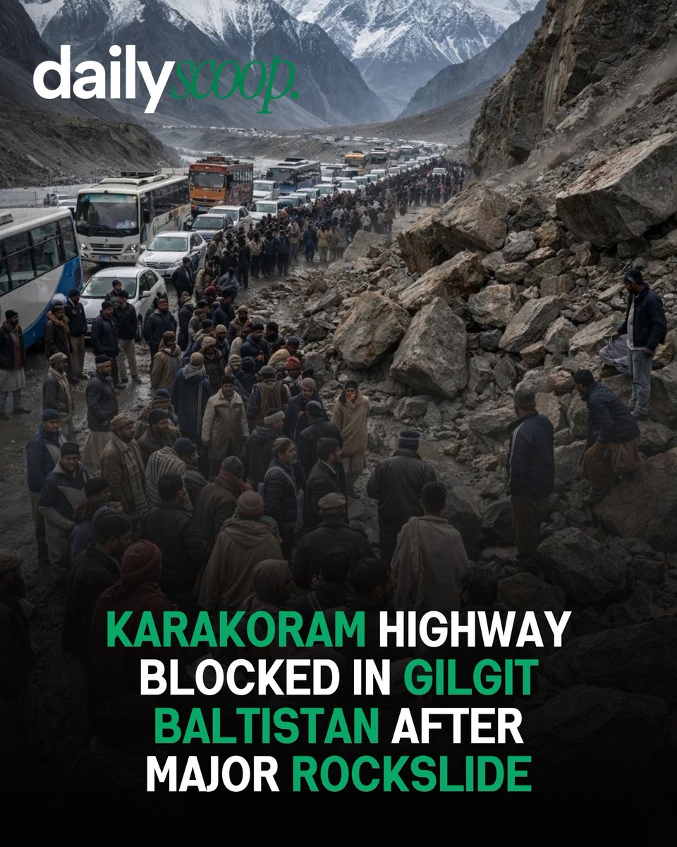 DailyScoopPK's tweet image. Karakoram Highway blocked after a major rockslide in Chanas, Gilgit-Baltistan. Thousands stranded as FWO begins clearance operations.

#KarakoramHighway #GilgitBaltistan #Rockslide #TravelAlert #KKH #PakistanNews #BreakingNews #AI #DailyScoop