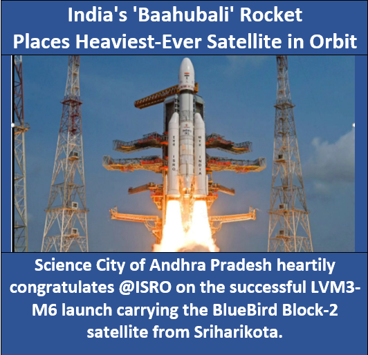 ScienceCityAP's tweet photo. Science City of Andhra Pradesh heartily congratulates @ISRO on the successful LVM3-M6 launch carrying the BlueBird Block-2 satellite from Sriharikota.
#ISRO #ScienceCityAP https://t.co/LvWtWoAeU1