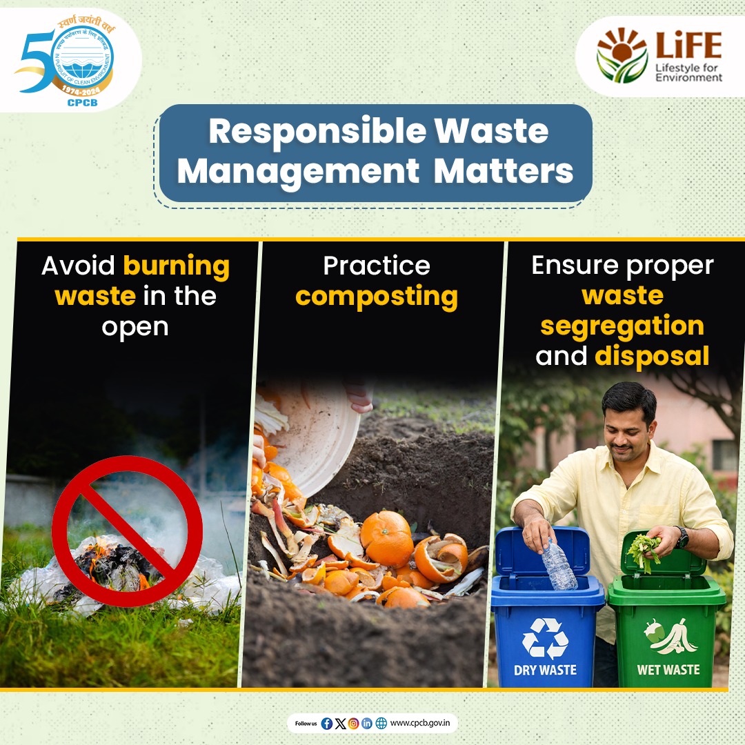 CPCB_OFFICIAL's tweet image. Adopt responsible waste management practices and ensure proper waste segregation for a cleaner &amp;amp; healthier environment.

#WasteManagement #MissionLiFE #ReduceAirPollution 

@byadavbjp @KVSinghMPGonda @moefcc @mygovindia @PIB_India