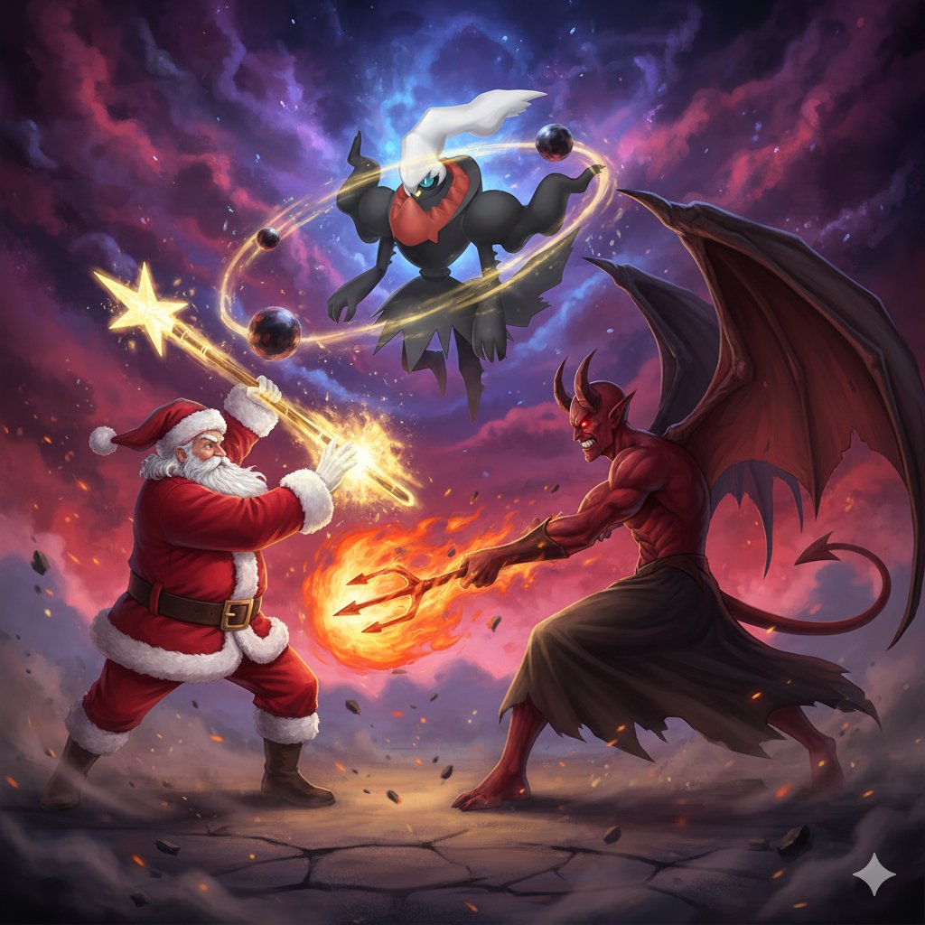 クリスマスなので皆さんに
ポケットモンスター　サンタvsサタンvsダークライをプレゼント🎁
左がgrokバージョンで右がGeminiバージョンじゃぞー🎅
