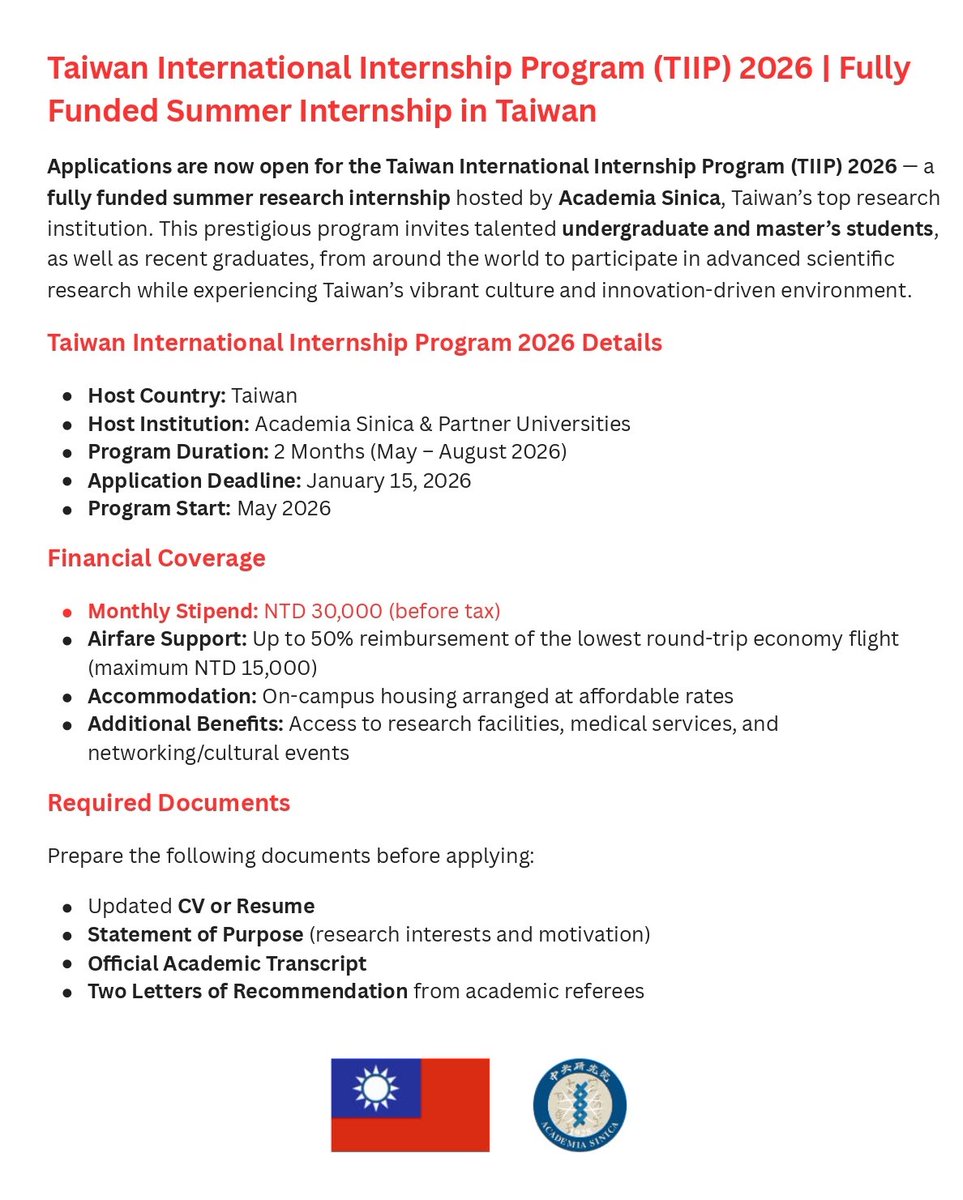 Paid 2-Month Internship Program 2026 in Taiwan with 1000$ Stipend

Visit: scholarshipforphd.com/tiip-internshi…

The Taiwan International Internship Program is an intensive pre-doctoral research training program for overseas students that provides hands-on training and scientific experience at