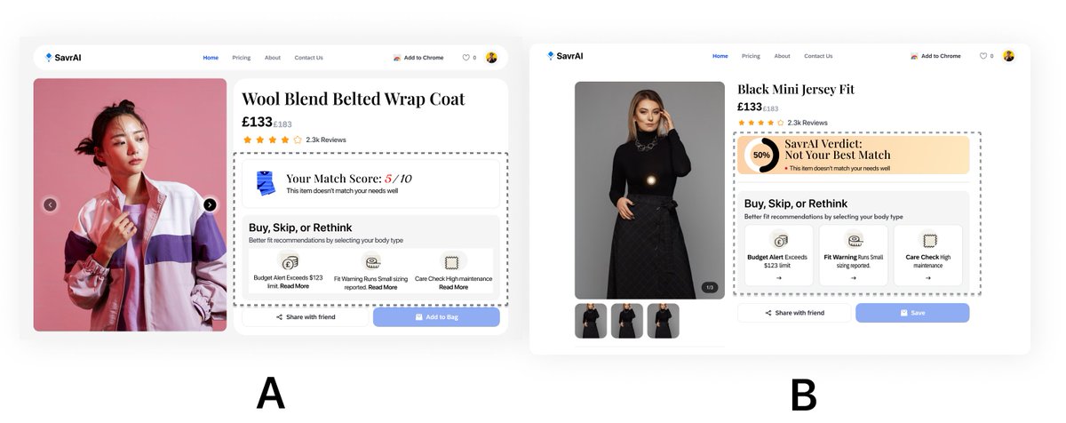 In 3 secs, which UI makes the buy vs skip decision clearer - A or B?    

I’m building SavrAI to help shoppers answer one simple question:  
“Should I buy this, or not?”    

Quick gut check:  
• 3 secs  
• Focus on the dotted verdict section.  
Which one works better and why?