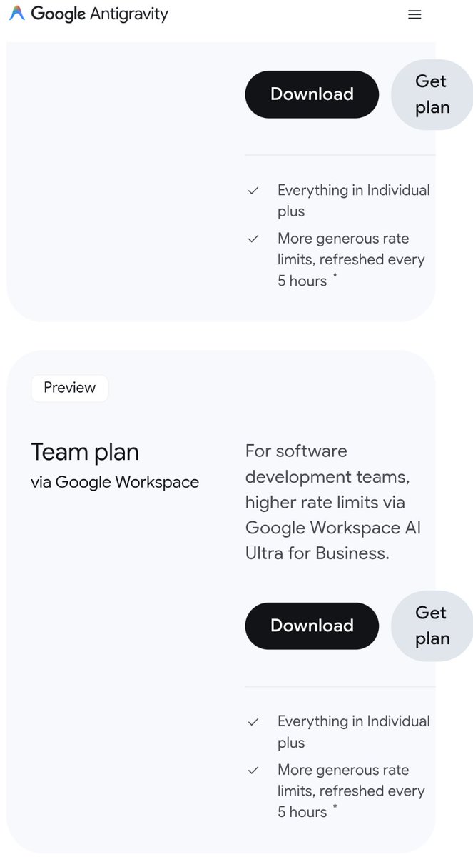 Google Antigravity 的 team plan 開始預覽，提供給 Google Workspace AI Ultra for Business 的客戶。每 5 小時更新額度。

antigravity.google/pricing