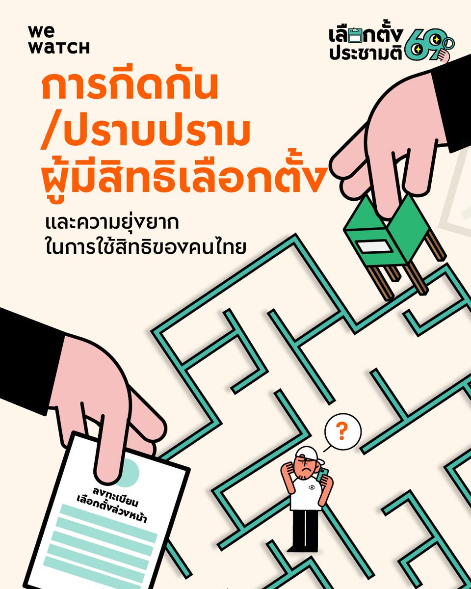 weareonwatch's tweet image. 🗳 “การกีดกัน/ปราบปรามผู้มีสิทธิเลือกตั้ง” และความยุ่งยากในการใช้สิทธิของคนไทย
.

การเลือกตั้งและลงประชามติรัฐธรรมนูญวันที่ 8 ก.พ. 2569 นี้ ต้องเผชิญความยุ่งยากอีกครั้ง เมื่อพลเมืองในประเทศไทยอาจจะต้องเดินทางไปใช้สิทธิสองครั้ง เพราะไม่มีการเปิดให้ประชาชนลงประชามติล่วงหน้าได้…
