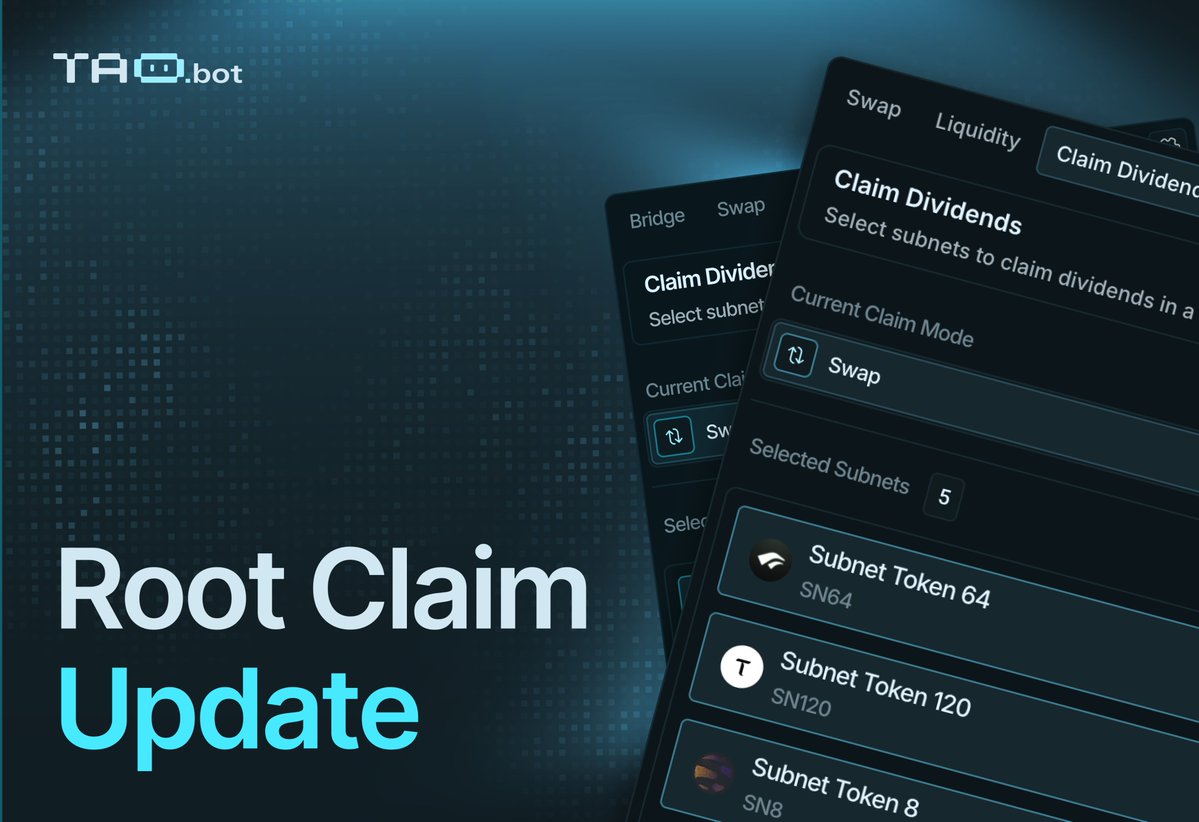 🛠️ Platform Update: Root Claim Modes are LIVE

Bittensor $TAO users can now connect a TAO wallet on tao.bot and set their Root Claim Mode following the recent root-claim changes.

Choose how your root staking rewards are handled:

🔵 Swap
Convert earned subnet