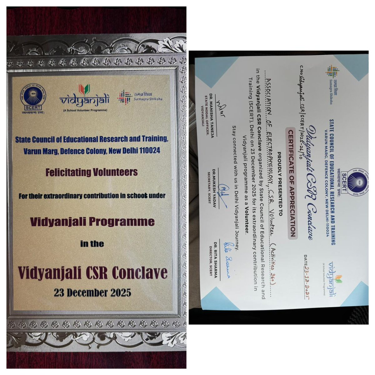 Congratulations to the Association of Electrophysiology!
The dedicated CSR #volunteers, who have been working day and night in District North East I &amp; II, received accolades during the #Vidyanjali CSR Conclave organized by <a href="/SCERT2021/">SCERT Delhi</a> led by <a href="/drmanishadiet/">Dr Manisha Taneja</a>  &amp;Team.
<a href="/VidyanjaliDelhi/">Vidyanjali Delhi</a>