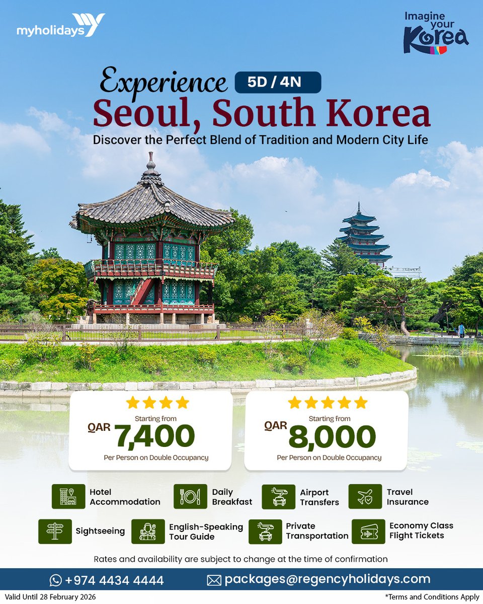 Experience the Vibrant Charm of Seoul, South Korea!  
 
Spend 5 days and 4 nights exploring centuries-old cultural landmarks, bustling fashion streets and traditional neighborhoods like Bukchon Hanok Village and Insadong. Marvel at the grandeur of Gyeongbokgung Palace.
