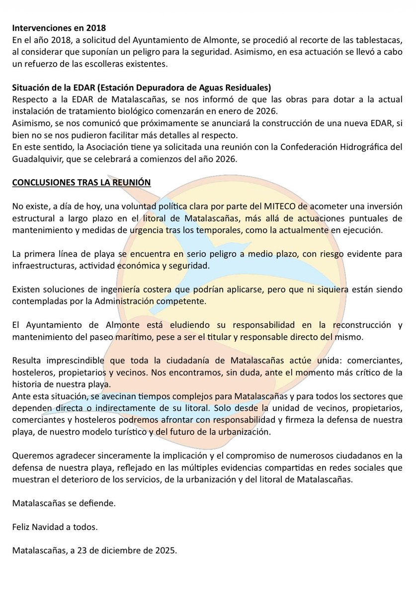 COMUNICADO | Reunión con Subdelegación y Costas
Matalascañas sigue en riesgo y no hay soluciones estructurales previstas.
El paseo marítimo es responsabilidad del Ayuntamiento de Almonte.
Solo la unidad vecinal podrá defender nuestra playa.
Matalascañas se defiende.