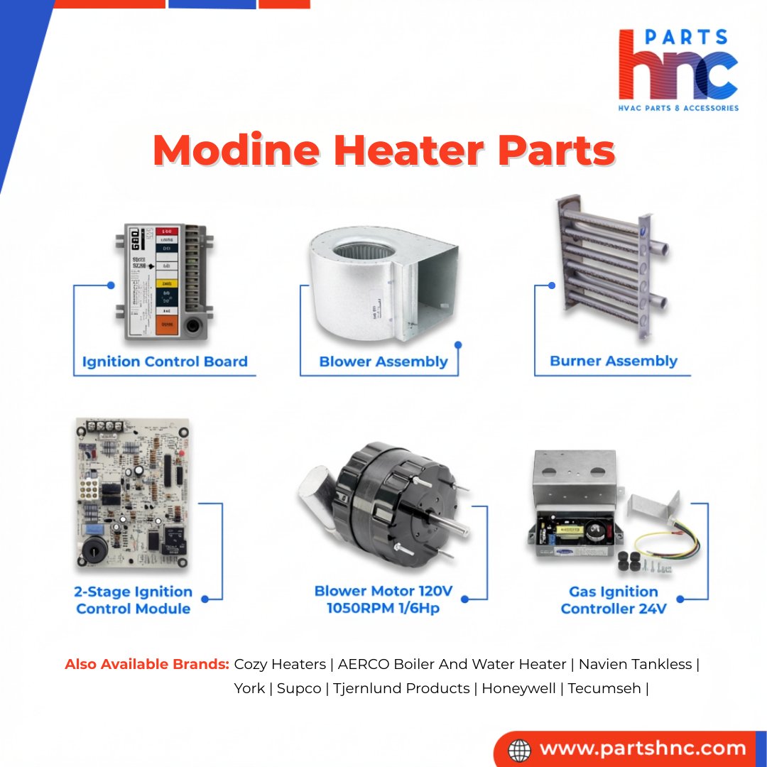 PartsHnC's tweet image. Keep your heating system running efficiently with #ModineHeaterParts from PartsHnC. From #BlowerMotors to #IgnitionControl modules and burner assemblies, get the right components for safe, efficient heating.

Shop Now: postly.click/HFkg

#HVACParts #PartsHnC #HeatingSystem