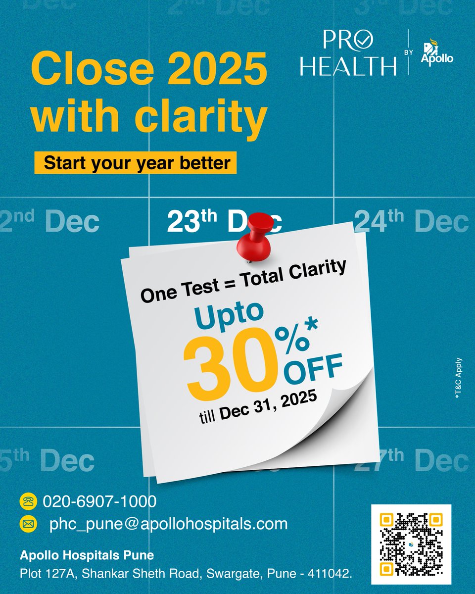 ApolloPune's tweet image. Get up to 30% OFF on comprehensive health checkups: One Test = Total Clarity

Book your appointment and stay ahead of your health goals.

📞 020-6907-1000

Scan the QR code to register now!

#ApolloHospitals #ProHealth #HealthCheck #Close2025WithClarity #BeProHealth #pune