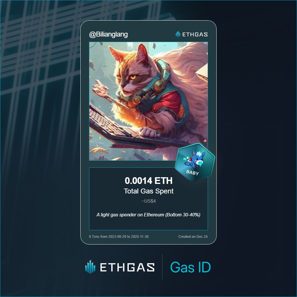 Bilianglang's tweet photo. Discovered my Gas ID via ETHGas - turning my gas spend into rewards 🫘

As a Baby Jack, I've spent 0.0014 ETH on gas but earned 1 Beans back.

Get your Gas ID and Beans here: https://t.co/IAYijwOV33 https://t.co/8HEAukcPJD