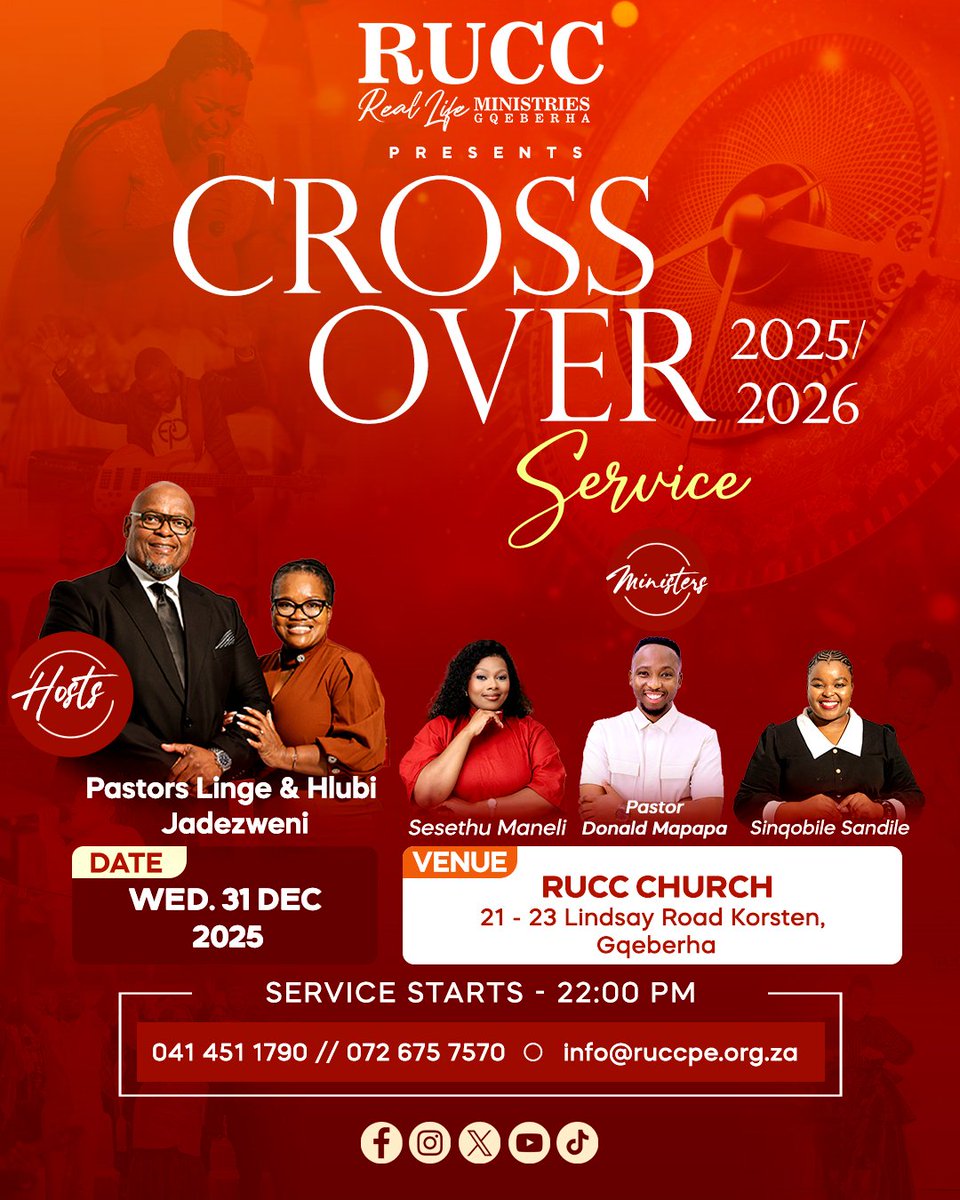 ruccgqeberha's tweet photo. Are you ready for a new thing? 🙌🏽 Join us at our Crossover Service with Donald Mapapa, @sese_maneli and Sinqobile leading us in worship! 

📍 RUCC Church, 21 - 23 Lindsay Road, Korsten 

#CrossoverService #CrossingOverTo2026 #RUCCMinistriesGqeberha https://t.co/SBXBaqfMZ2