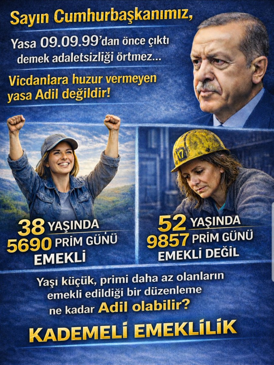 Yasa 09.09.99 dan önce çıktı demek adaletsizliği örtemez.

Vijdanlara huzur vermeyen yasa Adil değildir.

Yaşı küçük, primi daha az olanların emekli edildiği bir düzenleme ne kadar Adil olabilir. 

#KademeliEmeklilik
#KademeErtelenemez
<a href="/Akparti/">AK Parti</a>
<a href="/isikhanvedat/">Prof. Dr. Vedat Işıkhan</a>
<a href="/RTErdogan/">Recep Tayyip Erdoğan</a>