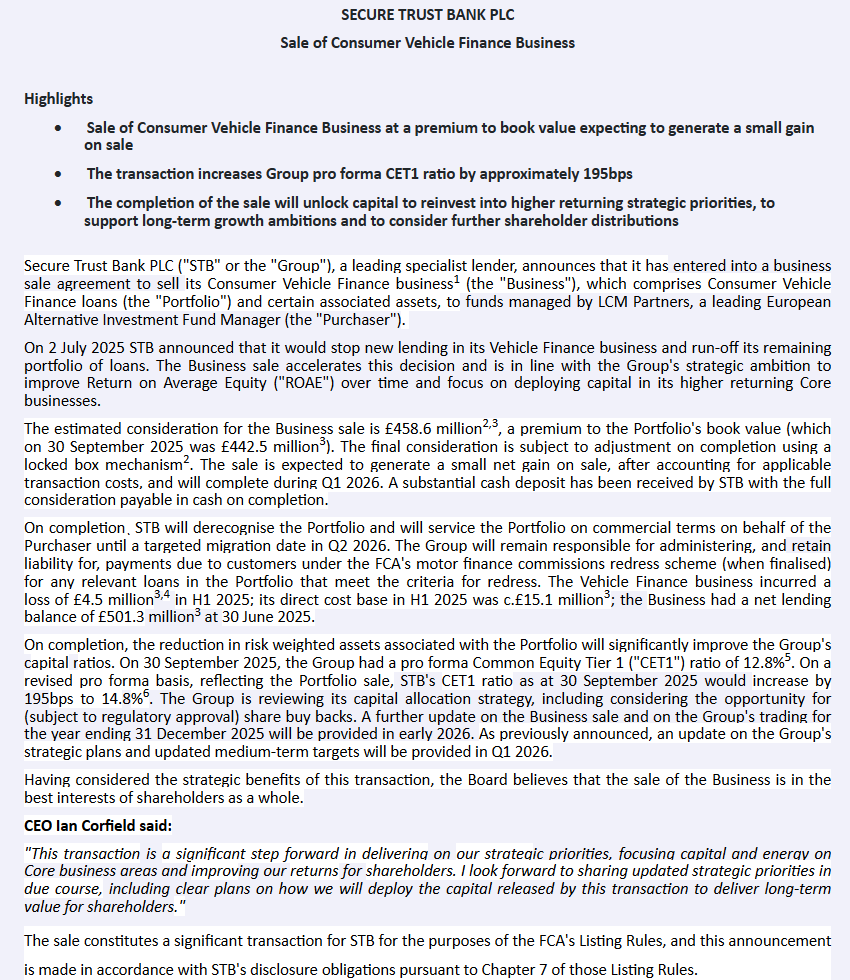 entrustTMF's tweet image. #STB Secure Trust Bank Sale of Consumer Vehicle Finance Business

Issued at 12.28pm on Christmas Eve🤔

investegate.co.uk/announcement/r…