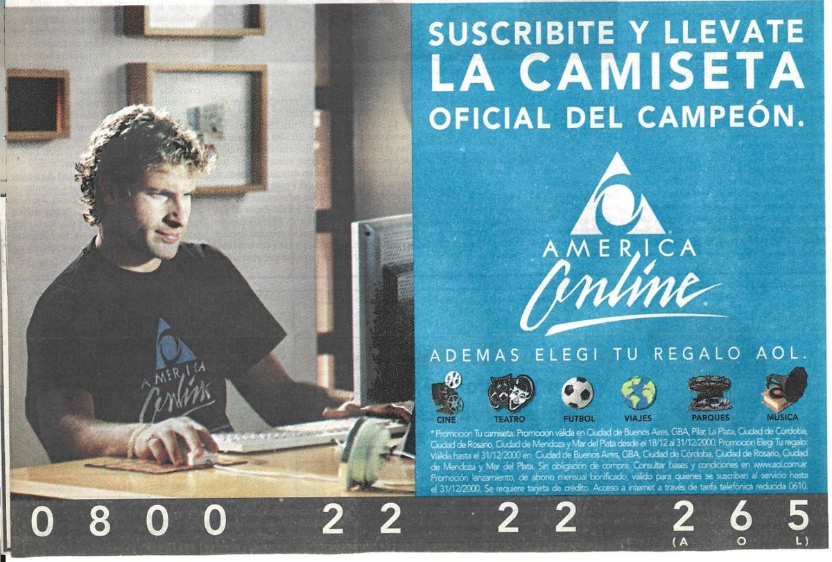 TintaOjo's tweet photo. #Hace25Años #En2000
2000 terminaba con una sonrisa de oreja a oreja para los hinchas de #Boca.
Con una campaña de promoción muy fuerte, el proveedor de Internet América On Line (fusión de AOL y Time Warner) también apelaba al aura del equipo de Bianchi para presentarse. https://t.co/eRh24tOanK