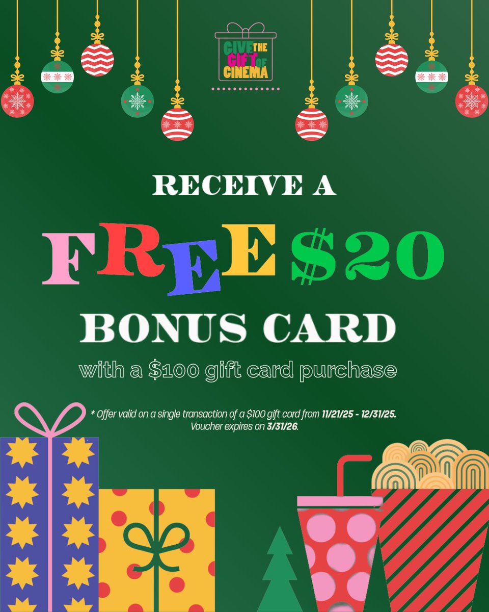 Need a last-minute gift? Grab a $100 e-gift card and receive a free $20 bonus card! Available for a limited time – get yours now! Offer valid online only. 

Angelikafilmcenter.com