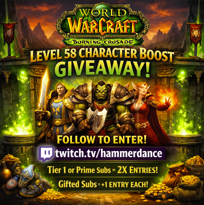 Heads up! We're doing a massive GIVEAWAY for TBC Classic Anniversary's "Outland Epic Pack"! All you have to do to enter the giveaway is follow and tune in live at: twitch.tv/hammerdance #worldofwarcraft