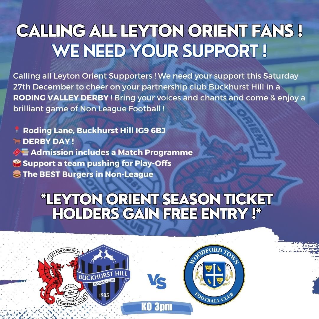 buckhursthillfc's tweet photo. CALLING ALL LEYTON ORIENT SUPPORTERS ! 🔊

In partnership with @leytonorientfc, we’re looking for fans to come and cheer The Stags on for Derby Day on THIS SATURDAY ! 🥁

📆 Sat 27th December
⏰ KO 3PM

Orient action one day, and Non League the next ! What a great way to end 2025 ! 💥

Looking forward to seeing as many 🅾️’s as possible on Saturday 🤝

#COYSTAGS | #InThisTogether #ESL // @LOFCAcademy @theOrientway // #OneOrient #LOFC