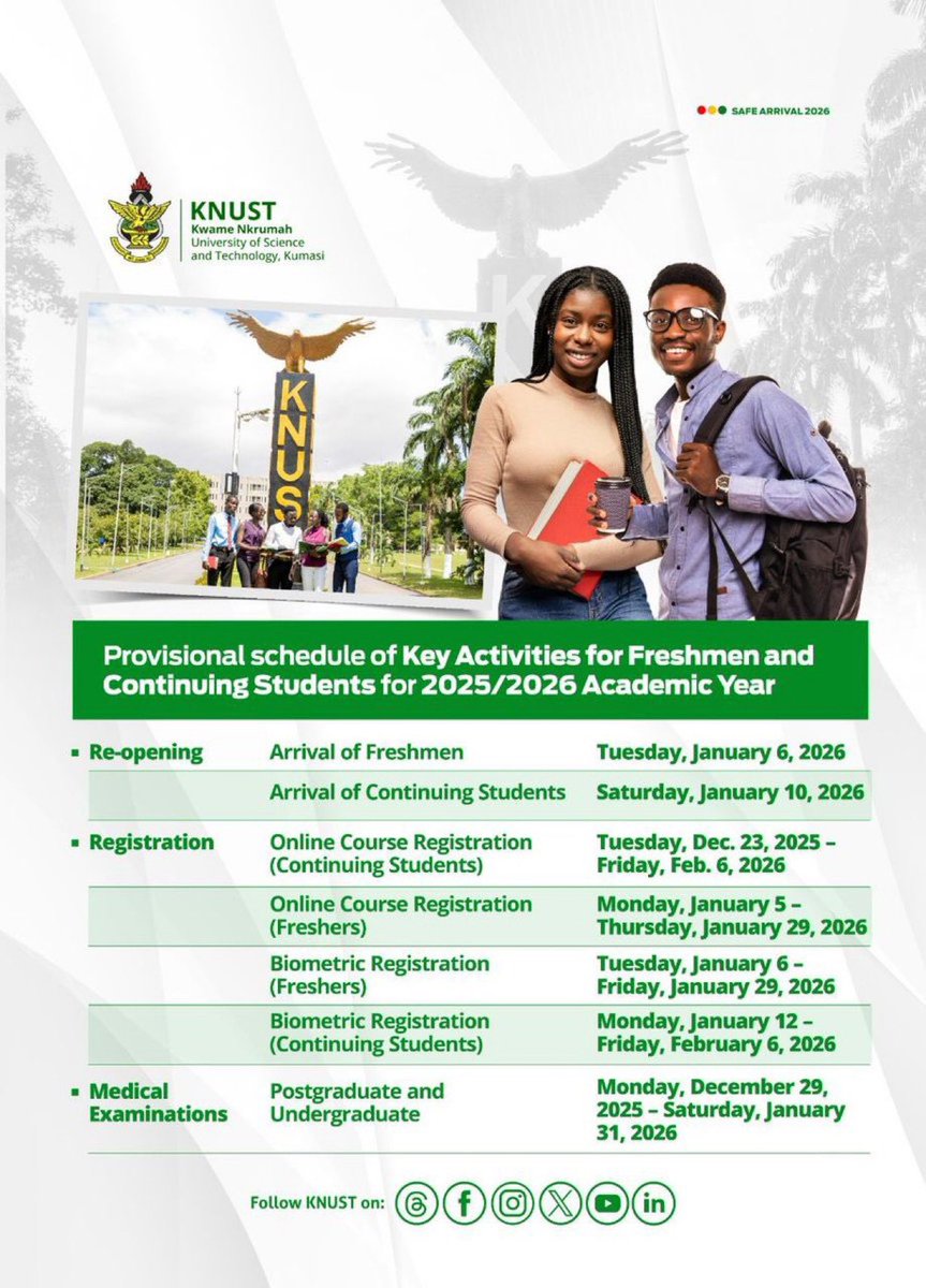 ATTENTION STUDENTS 📍

Provisional timetable of major activities for freshmen and continuing students for the 2025/26 academic year.
#knustfunpage✍️
