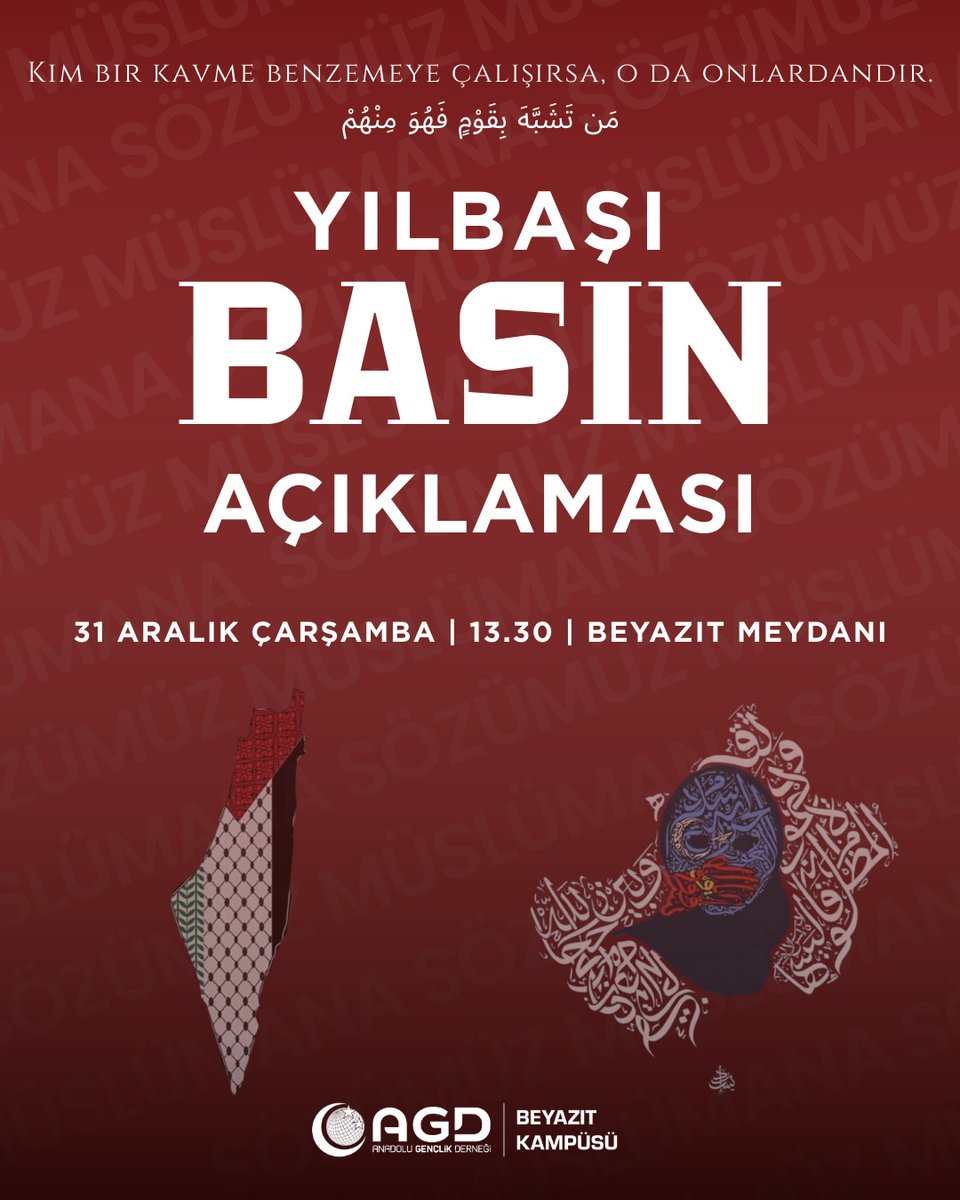 Yılbaşı adı altında dayatılan yabancı kültür ve hayat tarzlarına karşı duruşumuzu kamuoyuyla paylaşmak üzere basın açıklamamızı gerçekleştiriyoruz.
Kimliğini,değerlerini korumak isteyen herkesi davet ediyoruz.

📍 Yer: Beyazıt Meydanı
🗓 Tarih: 31 Aralık Çarşamba
🕜 Saat: 13.30