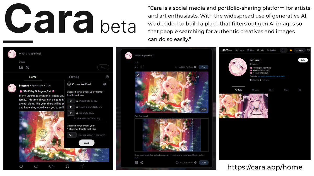 Let's talk about Cara App ! ꒰ 🌐 ꒱
Twitter/X will soon have GenAI manipulation of your media at the click of a button while browsing your home page... so... what are our options?

Cara is a newer ANTI-AI social media platform that visually presents as a mix between Instagram