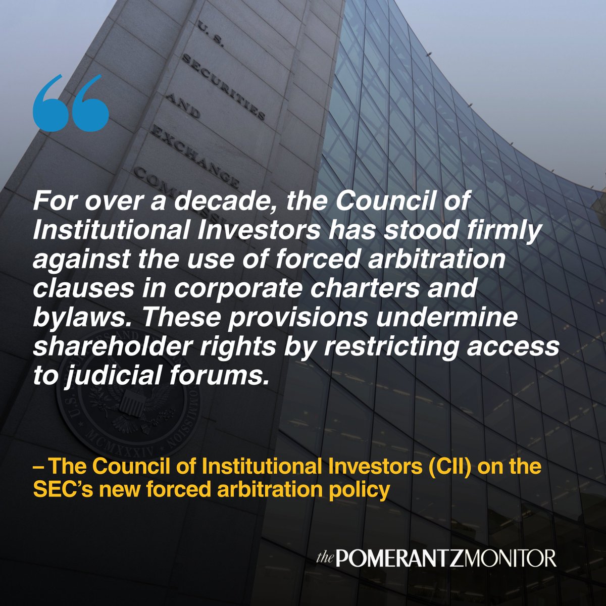 PomerantzLLP's tweet image. In the latest Pomerantz Monitor, the editors highlight Pomerantz’s efforts to protect investor rights by rallying institutional investors, public pension funds, and governance groups to oppose the SEC’s forced arbitration policy.

Read more: pomlaw.com/monitor-issues…

#Pomerantz