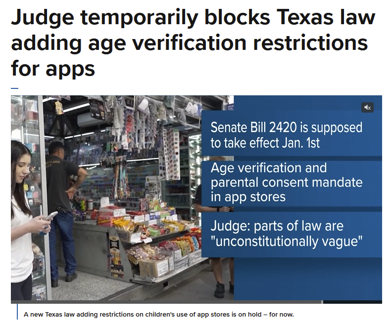 DeepHumor's tweet photo. A Texas judge just BLOCKED SB2420, an app store age verification law that required IDs to download apps. This is a big win! https://t.co/wE5UUow7fY