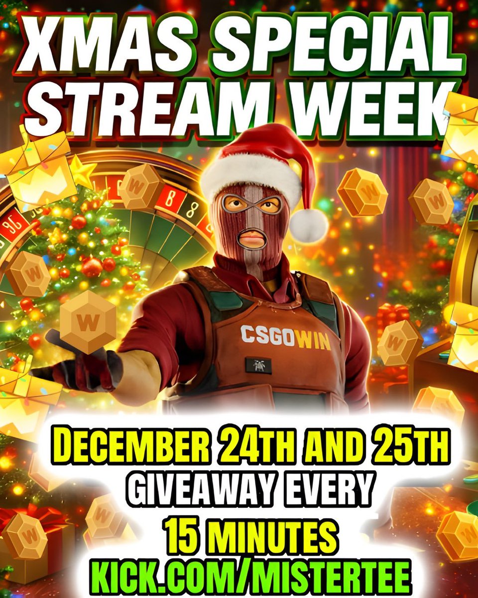 Mister7ee's tweet image. 🎄 BACK-TO-BACK CHRISTMAS STREAMS 🎄

📅 TODAY &amp;amp; DEC 25
👉 kick.com/mistertee

🎁 GIVEAWAY EVERY 15 MINUTES
🎡 SPECIAL @CSGOWincom WHEEL
🎉 $50 GIVEAWAY – Like / RT