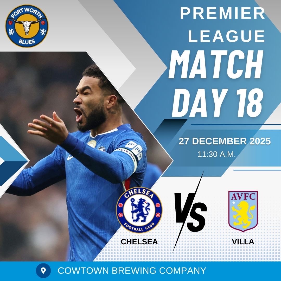 Merry Christmas and happy holidays! Aston Villa can’t lose recently, so something has to give, right? Come hang out as we keep pushing for some separation in the top 4.

🏆 Premier League
⚽️ Chelsea vs. Aston Villa
🍺 Cowtown Brewing Company
📅 Saturday, December 27
⏰ 11:30 A.M.