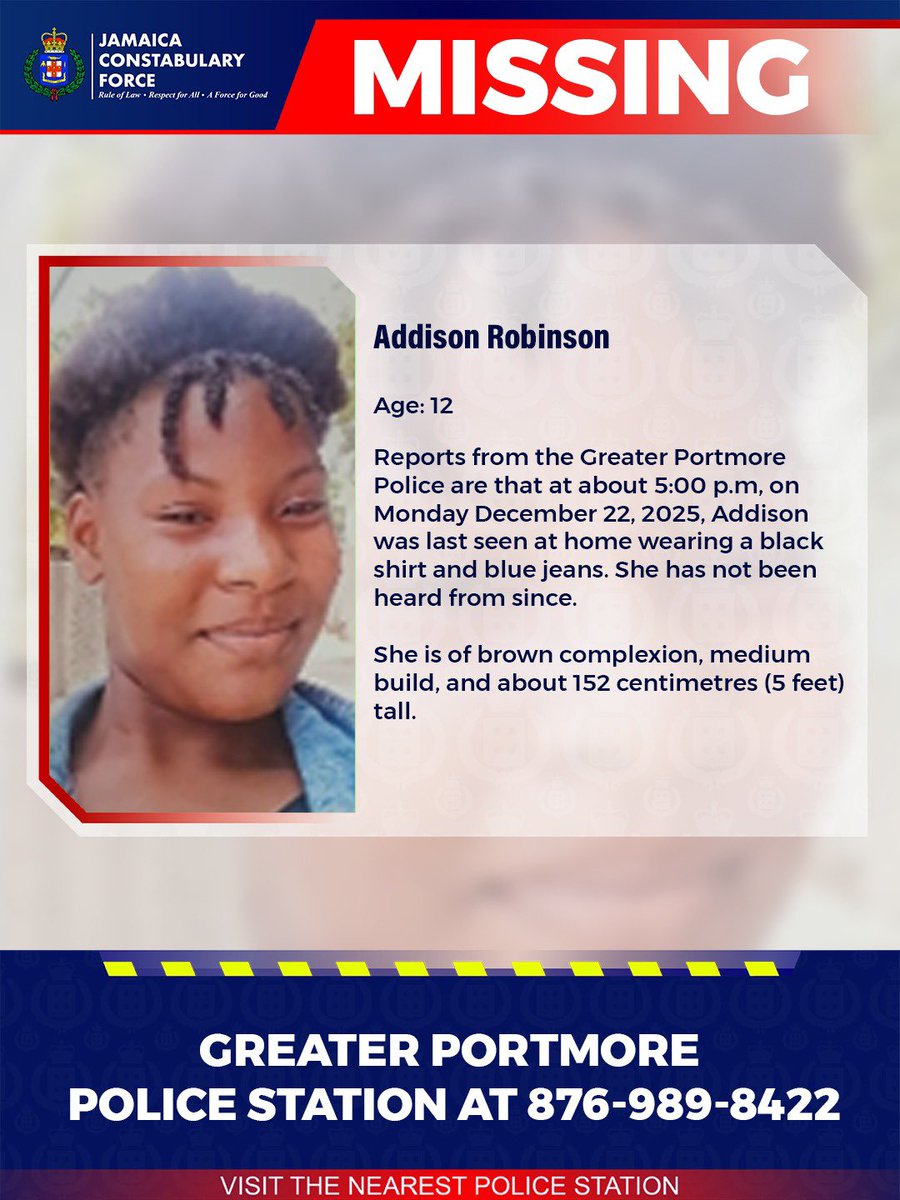 JamaicaConstab's tweet image. Help us locate missing Addison Robinson. If you know her whereabouts, please call the Portmore Police or the nearest police station. 

#HighAlert #Missing