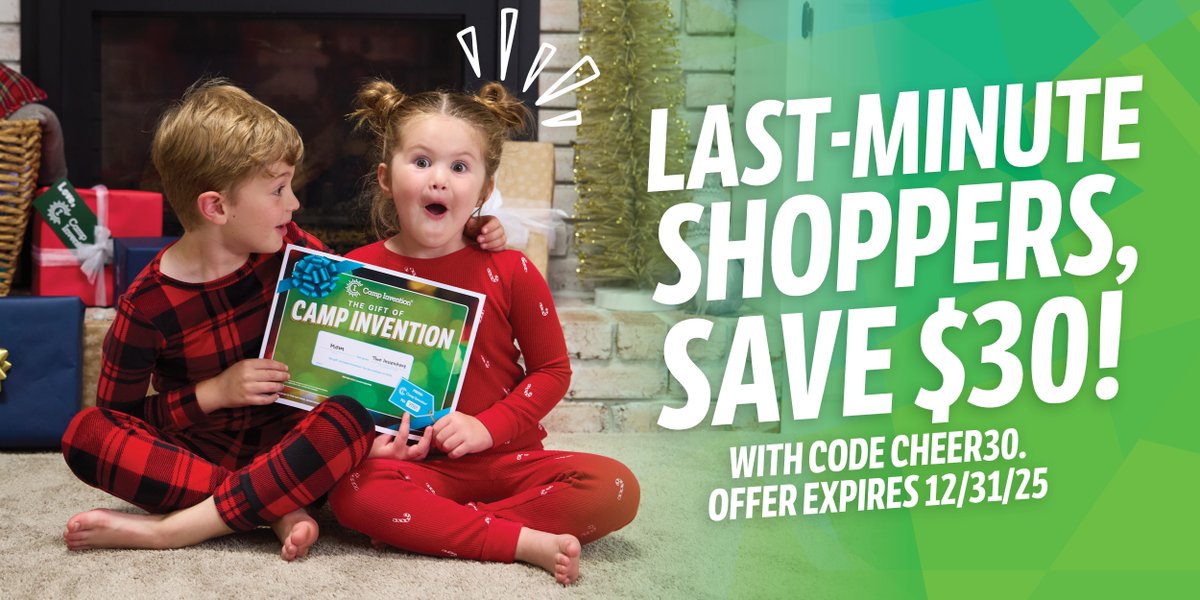 CampInvention's tweet photo. Calling all last-minute shoppers! Give your child a week of friends, big ideas and epic challenges with the gift of Camp Invention®! Save $30 with code CHEER30 and get an exclusive winter hat while supplies last. Hurry, offer ends 12/31! https://t.co/xIHSPTtCHV https://t.co/z0KL4JRCN5