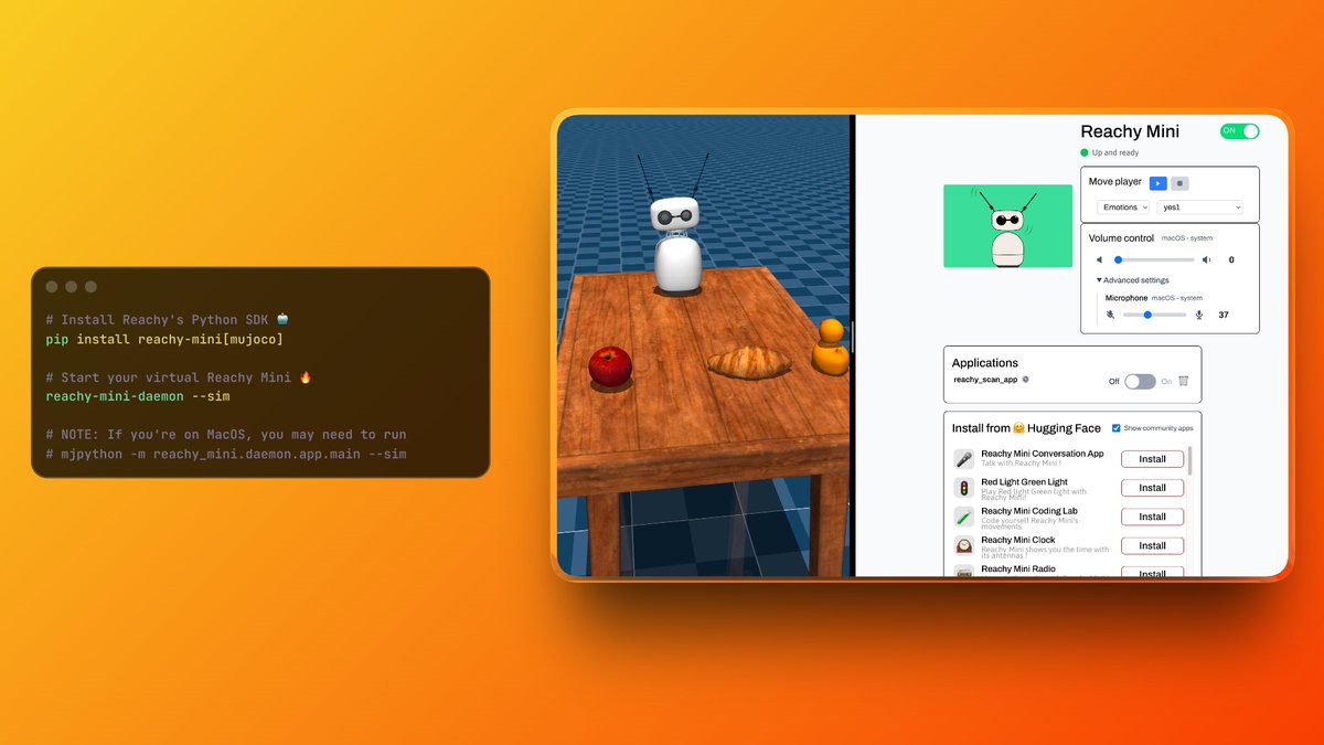 🎁 Last-minute gift from Santa! 🎅

FOMO over the Reachy Mini by <a href="/pollenrobotics/">Pollen Robotics</a> &amp; <a href="/huggingface/">Hugging Face</a>? No hardware, no problem!

Build and prototype your AI apps for free in the simulation. The only catch? You can’t pet him! 🤖

Just install the Python SDK &amp; start playing!