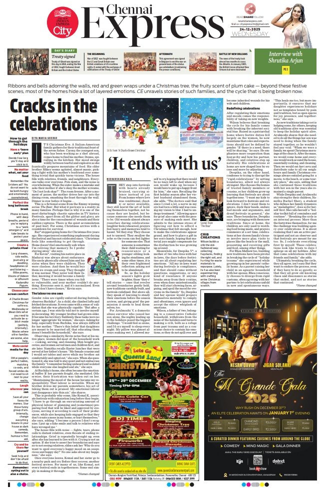 Messy Christmas: How chaos and distance in dysfunctional families disrupt celebrations
<a href="/NewIndianXpress/">The New Indian Express</a> <a href="/xpresstn/">TNIE Tamil Nadu</a> <a href="/tniefeatures/">TNIE Features</a>
Read: newindianexpress.com/cities/chennai…