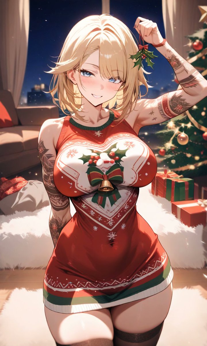 "While I still won't be on properly until the earliest of next week, I still want to wish everyone a happy Christmas eve! And what's this? Mistletoe? Guess that means you owe me a kiss before family takes me away~"