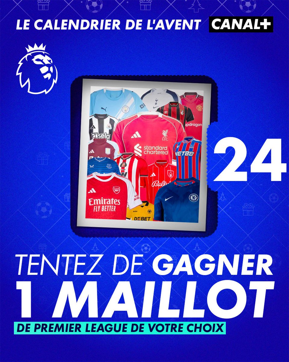 On vous régale pour la dernière case du calendrier de l’Avent !

Tentez de gagner un maillot de Premier League de votre choix 😍

Pour participer : 
- Follow @canalplusfoot ✅
- Like ce post ❤️ 
- Identifie ton/ta meilleur(e) ami(e) foot en commentaire 

Tirage au sort le 05/01