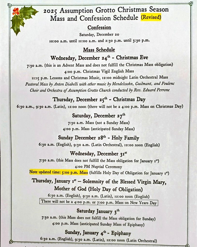 TheGrottoParish's tweet photo. Revised Mass Schedule for  New Years s Eve  Mass December 31st. The 4pm Vigil Mass will be at 5pm due to a nuptial Mass. See flyer for Christmas  Season Mass Schedule https://t.co/pZhnxJeCMO