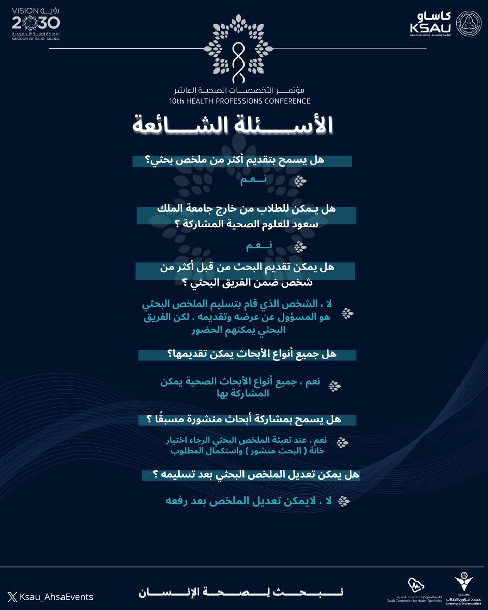 Ksau_AhsaEvents's tweet image. هنا تجدون الإجابة على أبرز الأسئلة حول المشاركة بالملخصات البحثية.
#HPCX #نبحث_لصحة_الإنسان