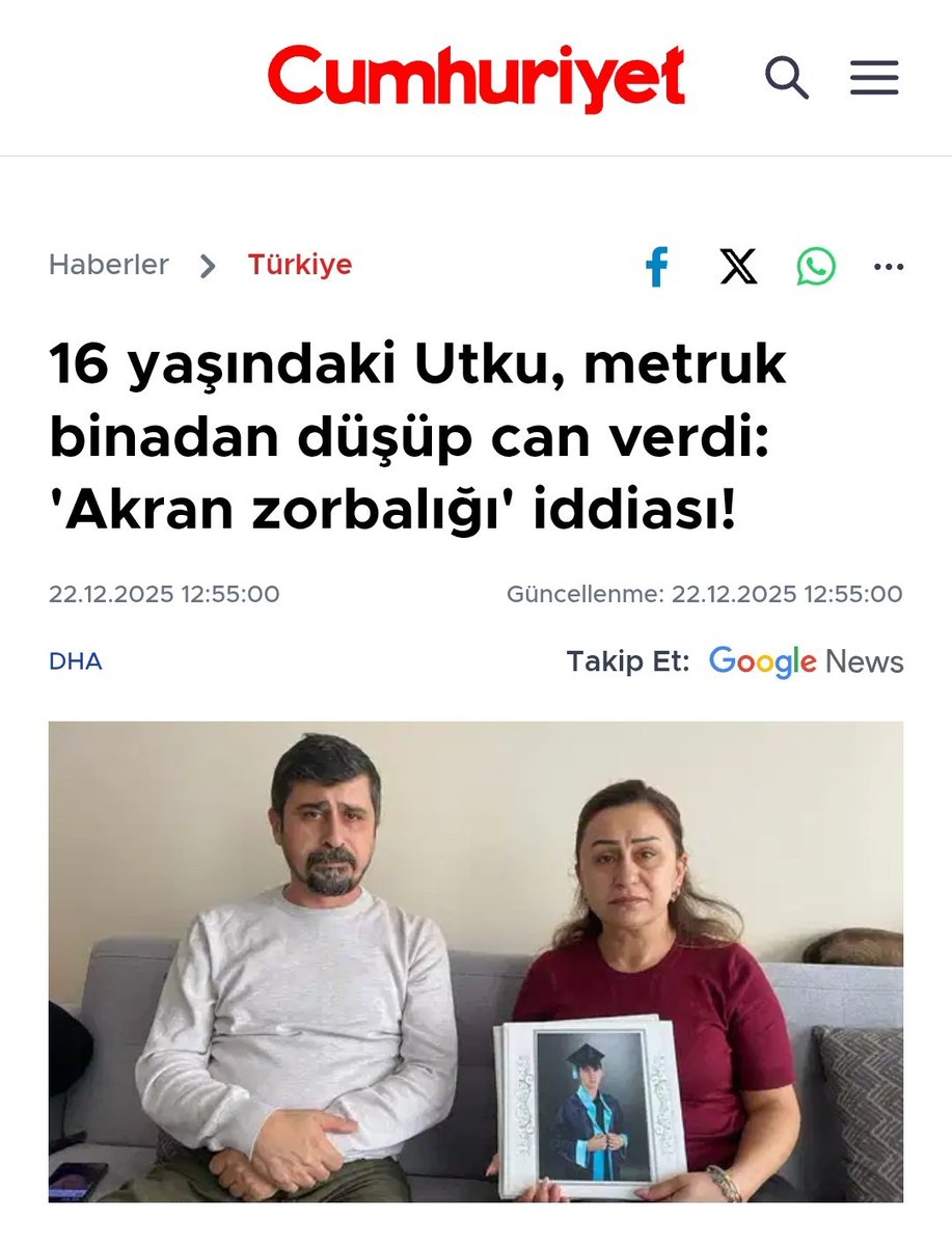 İzmir Menemen’de 16 yaşındaki Utku’nun kaybı, akran zorbalığının görmezden gelinemeyecek kadar ciddi sonuçları olabileceğini acı şekilde gösterdi.
Zorbalık kader değil.
Önleyici psikososyal destek, erken farkındalık ve güçlü rehberlik hizmetleri şart.
#Pdrnormuagsde