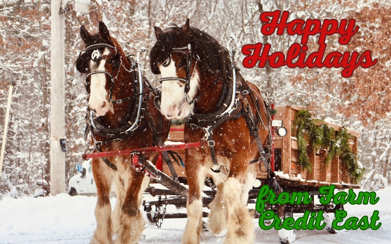 Happy Holidays from the Farm Credit East family to the families of Northeast farmers, fishermen and forest products producers across the Northeast. 

As a reminder, our offices will be closed December 25-26 in observance of the Christmas holiday.