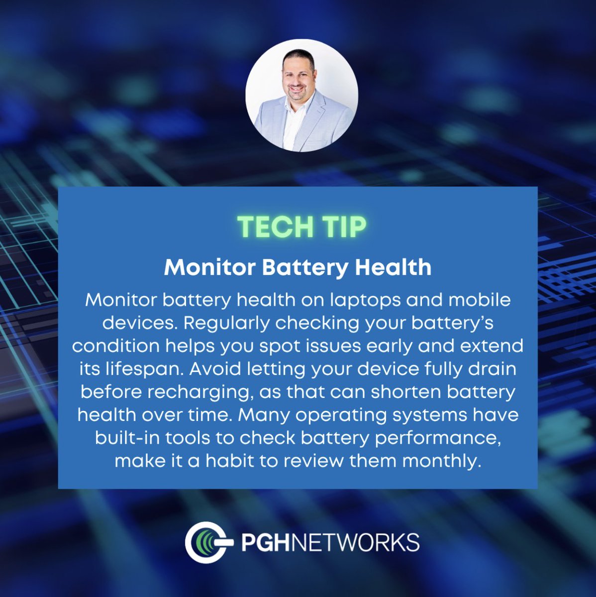 Tech Tip - Monitor Battery Health

Monitor battery health on laptops and mobile devices.

#PGHNetworks #TechTip #MonitorBatteryHealth