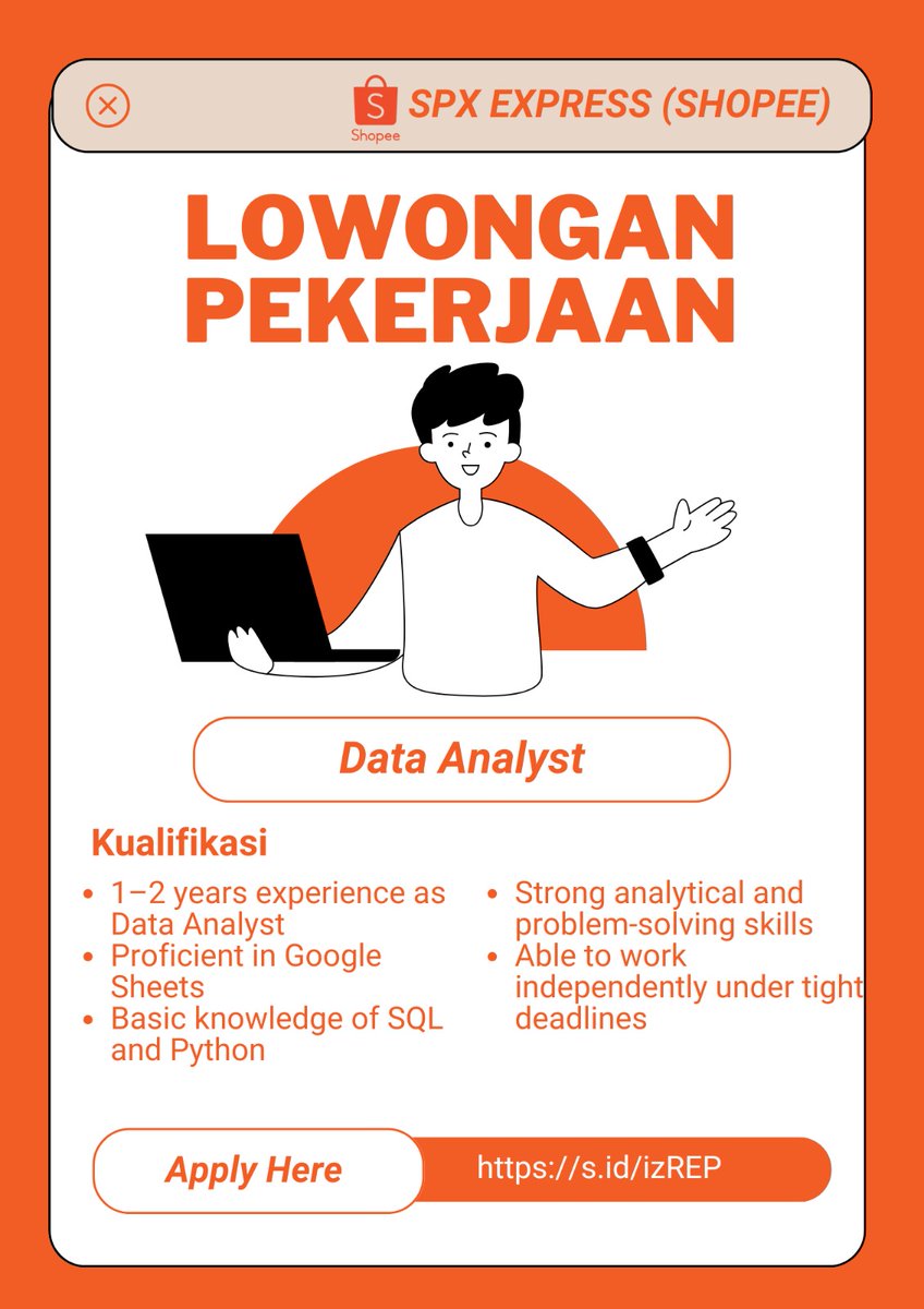 nextcareer_id's tweet image. 📊 We’re Hiring: Data Analyst (Entry Level)!

SPX Express (Shopee) is looking for a Data Analyst to support operational performance through data-driven insights and dashboards.

📍 Jakarta
🔗 Apply now: s.id/izREP

#Hiring #SPXExpress #ShopeeCareers #DataAnalyst