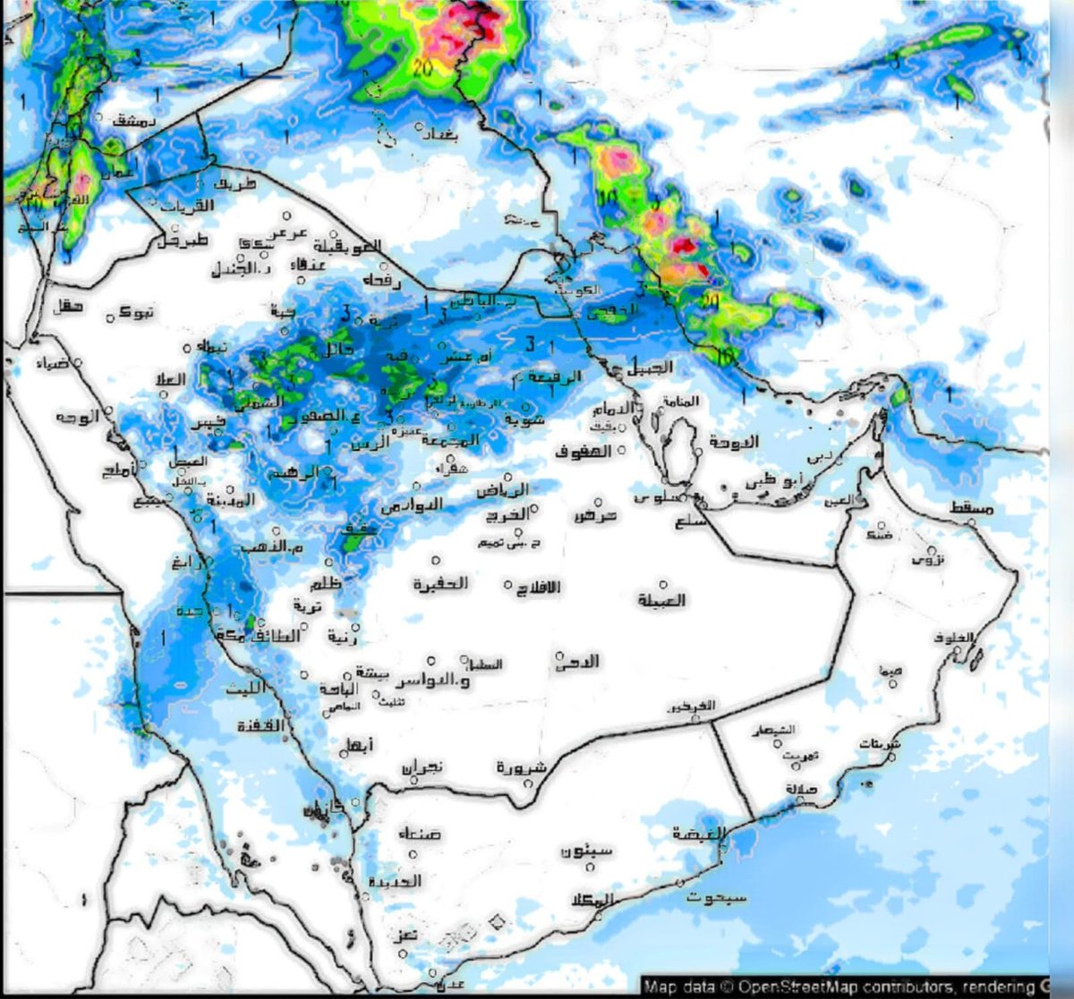حسب الخريطه للأمطار بإذن الله من يوم الخميس حتى يوم الثلاثاء بإذن الله ٤/٧/١٤٤٧