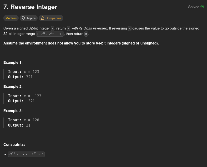 Pranjul07_'s tweet photo. " Trying to improve the previous self. 

#Day28 of #100DaysOfCode
Simple problem, but learnt new thing.
Prob no. - 7. Reverse Integer.

@java
#programming #dodailycode #dailycode https://t.co/JrMUU78BVg