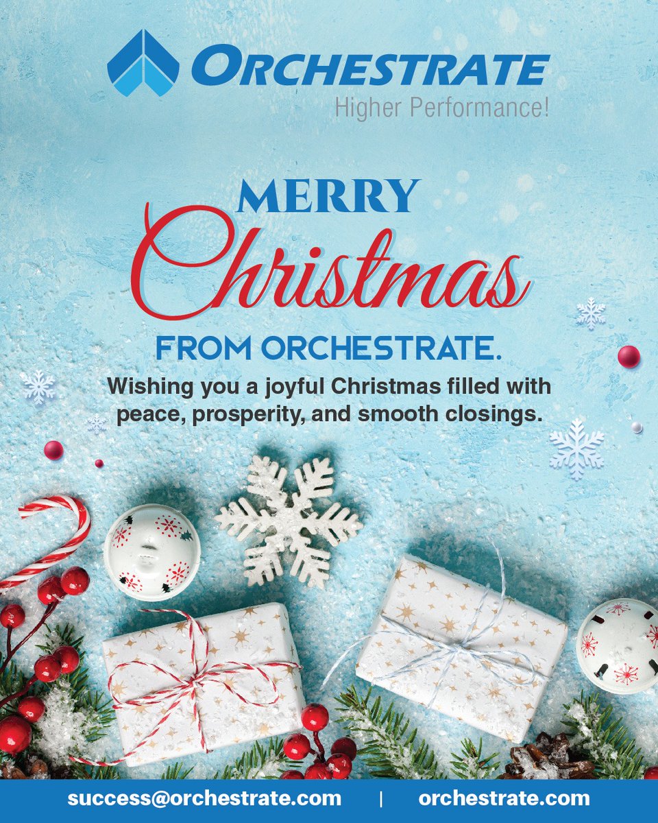 OrchestrateMTS's tweet image. 🎄 Merry Christmas from #Orchestrate!

Wishing you a season filled with peace, prosperity &amp;amp; smooth closings.

Here’s to higher performance and successful outcomes in the year ahead. ✨

👉 Visit us: orchestrate.com

#MerryChristmas #HigherPerformance #SmoothClosings