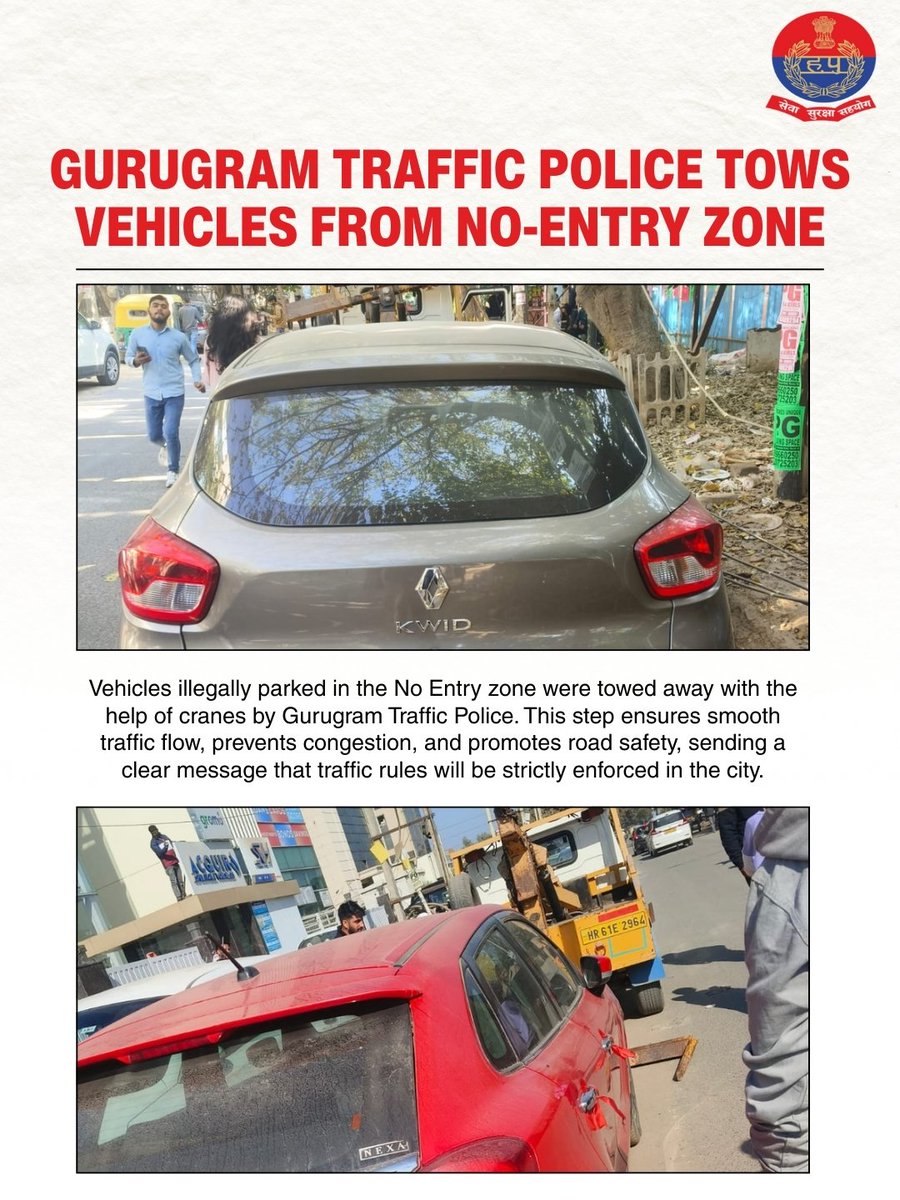 TrafficGGM's tweet image. Vehicles parked in No-Entry zones were towed to maintain traffic
discipline and road safety.
Rules are meant to be followed.
#NoEntryZone #TrafficRules #GurugramTrafficPolice #RoadSafety
#ChallanNahiSalamMilega