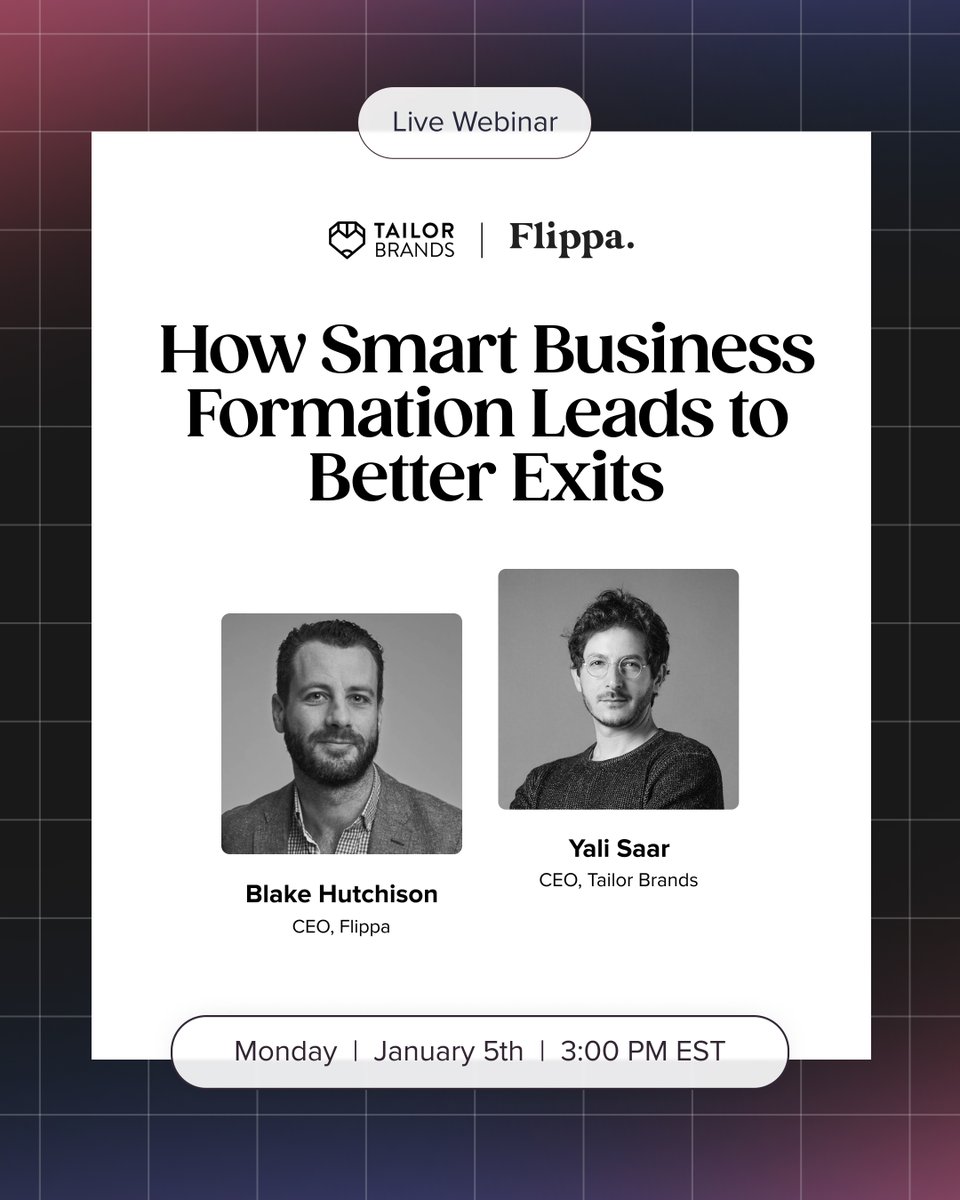 TailorBrands's tweet photo. Starting your business the right way sets you up for success on multiple fronts, including one founders often overlook: creating a business that’s valuable to buyers.

Join Yali Saar (CEO, Tailor Brands) and Blake Hutchison (CEO, https://t.co/kTBiSD0GD3) for an exclusive webinar on 𝗛𝗼𝘄 𝗦𝗺𝗮𝗿𝘁 𝗕𝘂𝘀𝗶𝗻𝗲𝘀𝘀 𝗙𝗼𝗿𝗺𝗮𝘁𝗶𝗼𝗻 𝗟𝗲𝗮𝗱𝘀 𝘁𝗼 𝗕𝗲𝘁𝘁𝗲𝗿 𝗘𝘅𝗶𝘁𝘀.

In this session, we’ll break down:
✅ Formation decisions that impact future valuation
✅ The legal structures buyers actually prefer
✅ How to build a foundation that make your business sellable

Whether you're forming your first LLC or scaling an established business, you'll get the exact actionable tips for creating a business that's both profitable and highly attractive to buyers.

📅 Monday, Jan 5 | 3pm EST
🔗 Register: https://t.co/0TNrWLT3TX