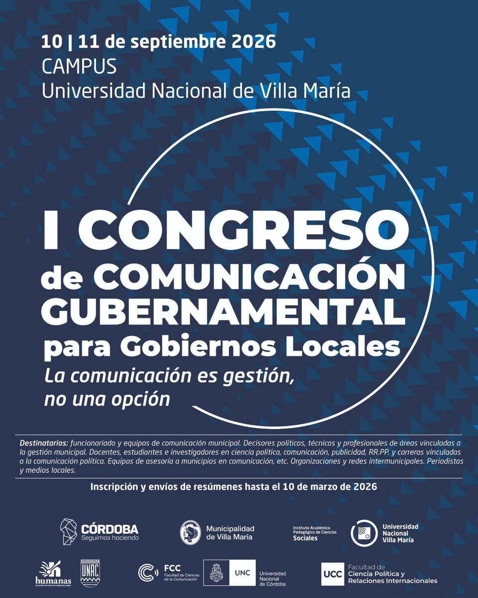 Empiezan a hacerse realidad proyectos hermosos y necesarios: el I Congreso de Comunicación Gubernamental para Gobiernos Locales “La comunicación es gestión, no una opción”
Fecha: 10 y 11 de setiembre 2026
Lugar: Universidad Nacional de Villa María junto a las universidades de la